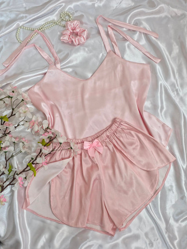 ست تاپ شورت ساتن گره ای